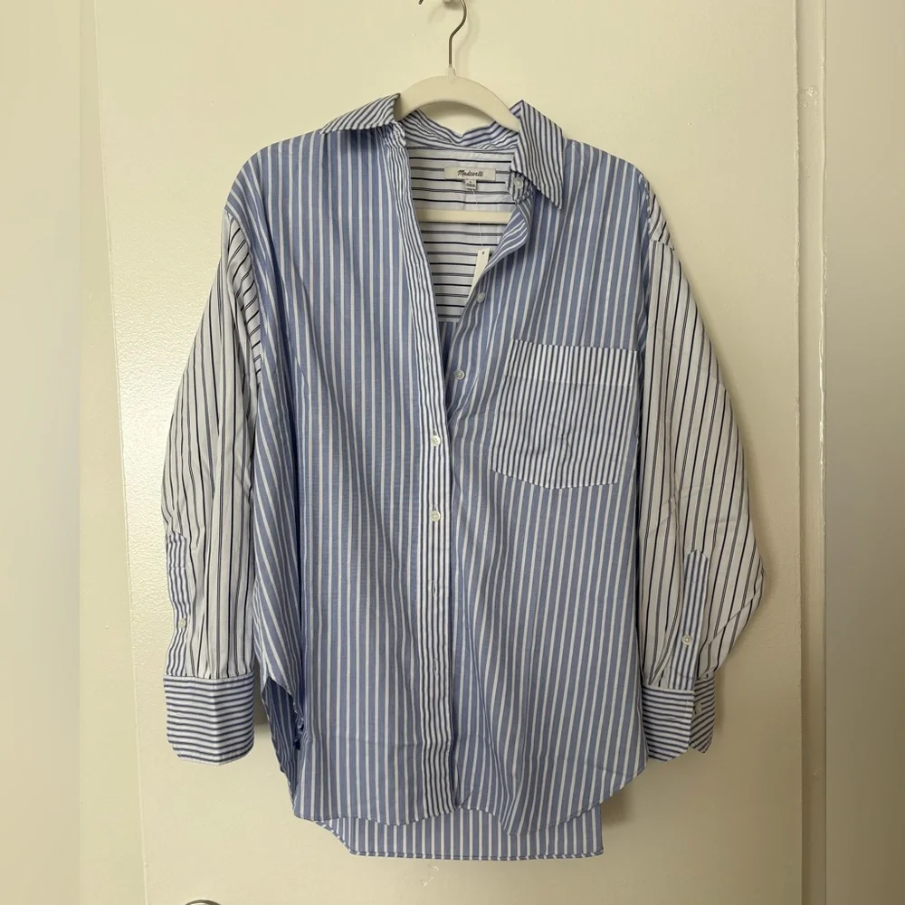 NWT MADEWELL Poplin Oversized Button-Up Shirt in Light Blue And White Stripe - Picture 5 of 7